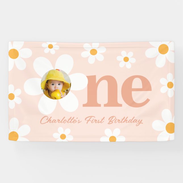 Photo Pink Daisy 1st Birthday Party Banner (Horizontal)