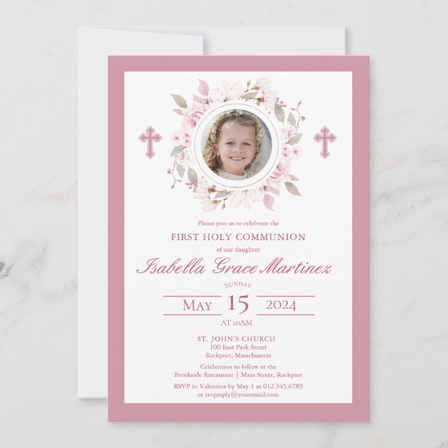 Photo Pink Floral Cross First Holy Communion Invitation (Front)