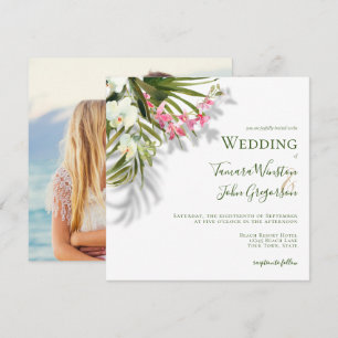 Photo Pink Floral Palms Shadows Beach Wedding Invitation
