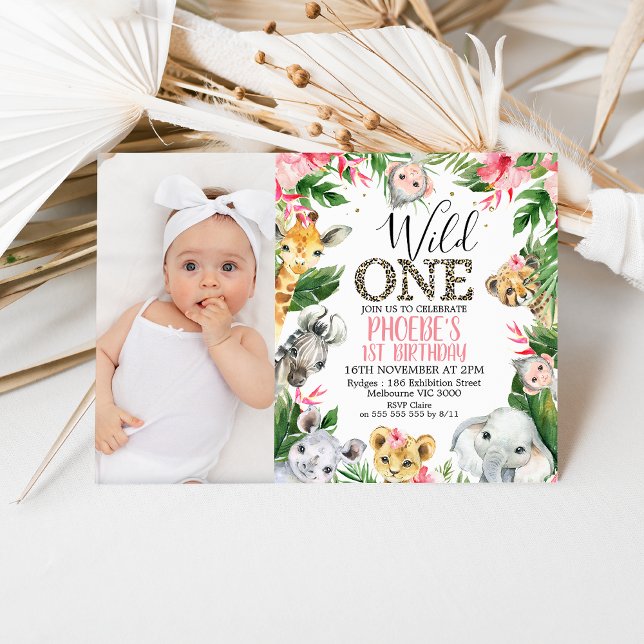Photo Pink Floral Safari Wild One Birthday Invitation (Girls Wild One Safari 1st Birthday Invitation Pink Floral Foliage, Cheetah Print, Wild One Invite)