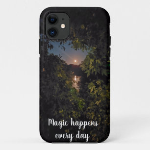 Photo pink full moon rising over water iPhone 11 case