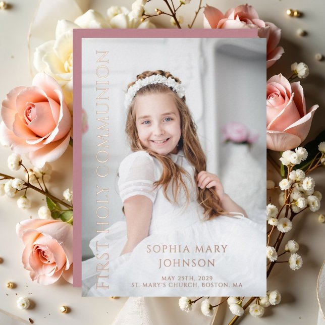 Photo Pink Girl First Holy Communion Rose Gold  (Photo Pink Girl First Holy Communion Rose Gold Foil Invitation)