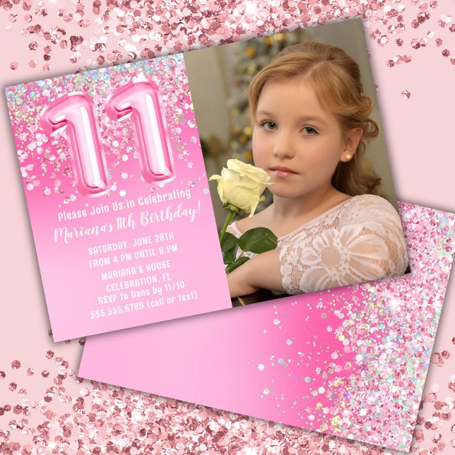 Photo Pink Glitter 11th Birthday Invitation (Creator Uploaded)