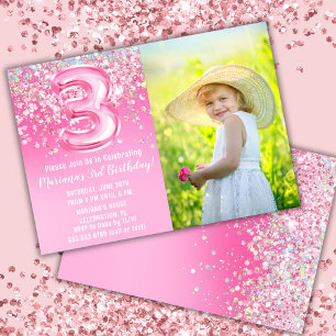 Photo Pink Glitter 3rd Birthday Invitation