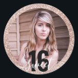 Photo Pink Glitter Ombre Sweet 16th Birthday  Classic Round Sticker<br><div class="desc">Rose gold ombre glitter sweet 16th birthday sticker with a personalized photo of the birthday girl in the middle,  perfect for adding to envelopes as seals,  and favour packaging labels. Contact the Paper Grape Designer Store for help with custom colours or matching items.</div>