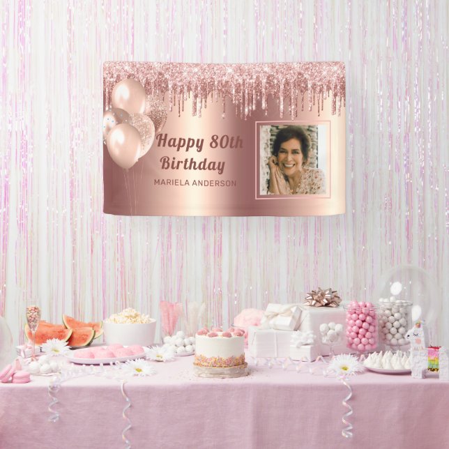Photo Pink Gold 80th Birthday Personalized glitter Banner (Party)