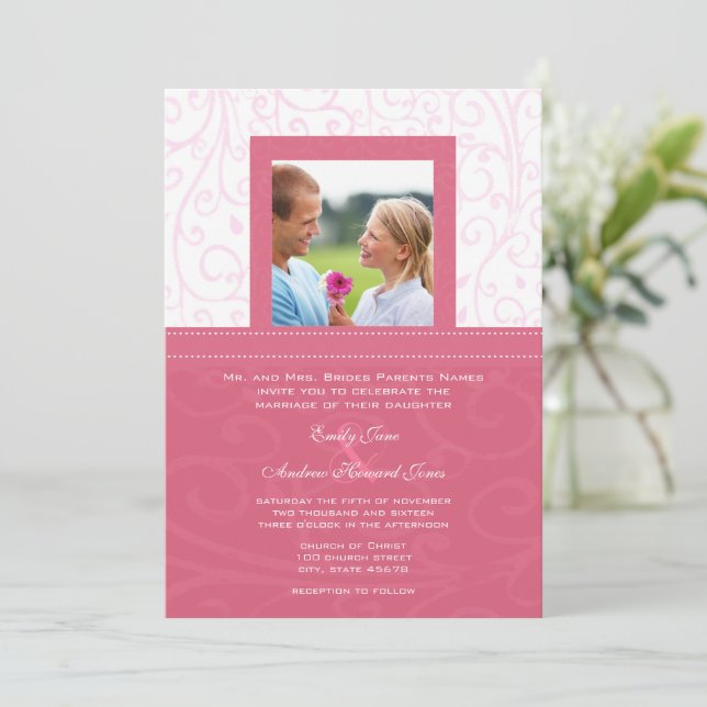 Photo Pink HoneySuckle Swirls Wedding Invitation (Standing Front)