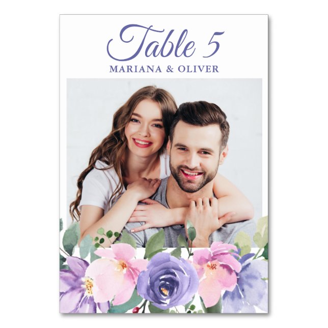 Photo Pink  Lavender Floral Wedding Table Number (Front)