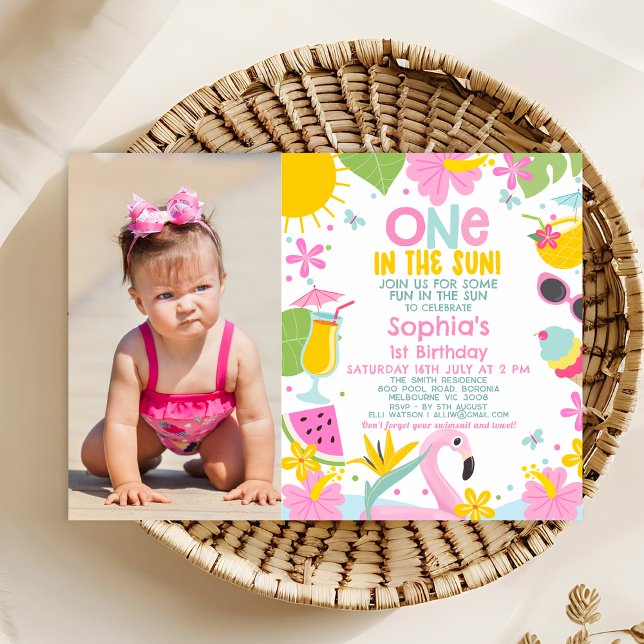 Photo Pink One In The Sun Pool 1st Birthday Invitation (One In The Sun Birthday Invitation Template With Photo, Sun Themed 1st Birthday Invitation Summer )