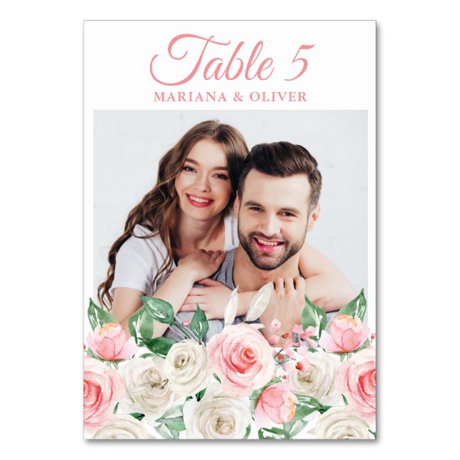 Photo Pink Peach Floral Wedding Table Number (Front)