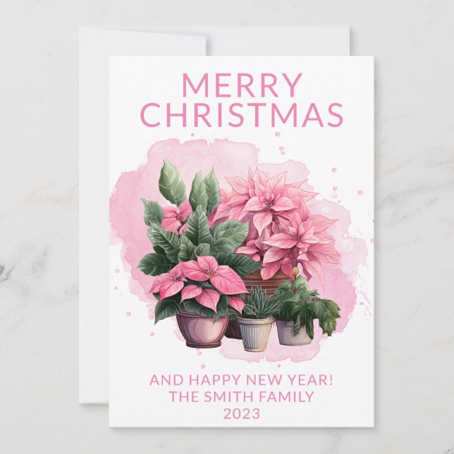 Photo Pink Poinsettia Christmas Holiday Card (Front)