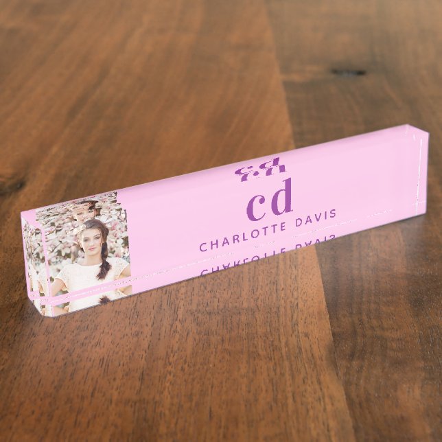 Photo pink purple monogram initials name  nameplate (Side)