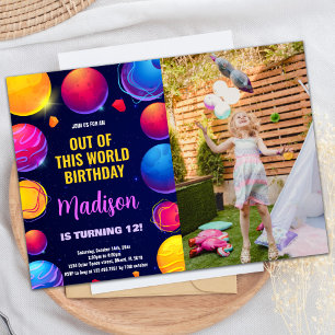 Photo Pink Purple Outer Space Birthday Invitations