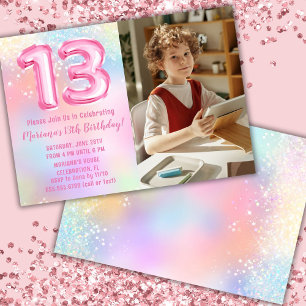 Photo Pink Rainbow 13th Birthday Invitation