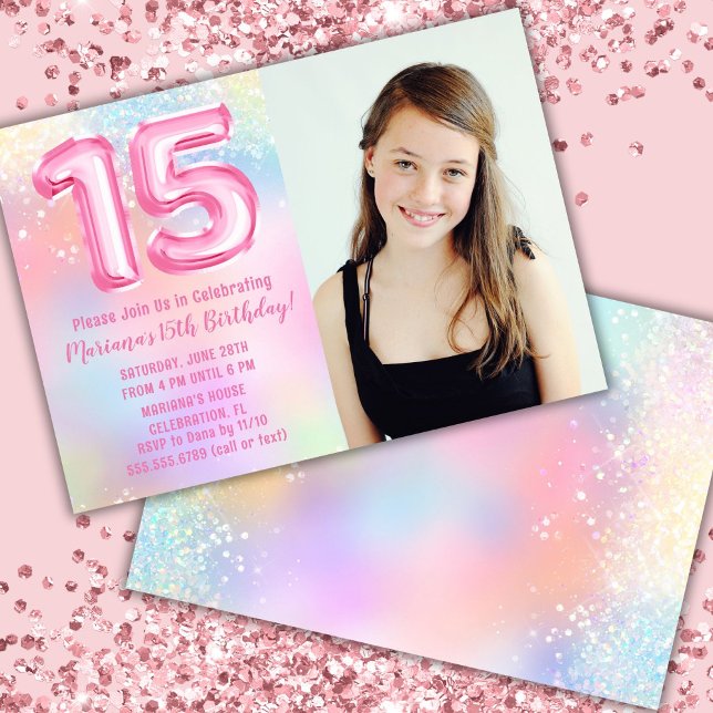 Photo Pink Rainbow 15th Birthday Invitation (Creator Uploaded)