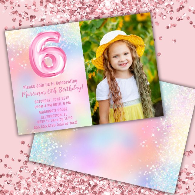 Photo Pink Rainbow 6th Birthday Invitation (Creator Uploaded)