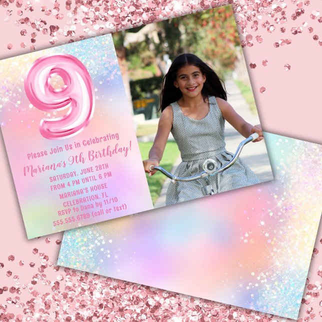 Photo Pink Rainbow 9th Birthday Invitation (Creator Uploaded)