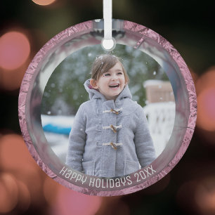 Photo Pink Silver Bauble Overlay Happy Holidays  Glass Ornament