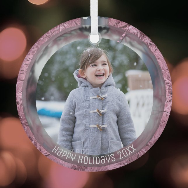 Photo Pink Silver Bauble Overlay Happy Holidays  Glass Ornament (Add your photo to this cute pink Christmas tree hanging ornament)
