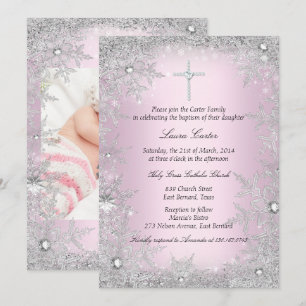 Photo Pink Silver Snowflake Baptism/Christening Invitation