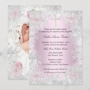 Photo Pink Silver Snowflakes Girl Baptism Cross Invitation
