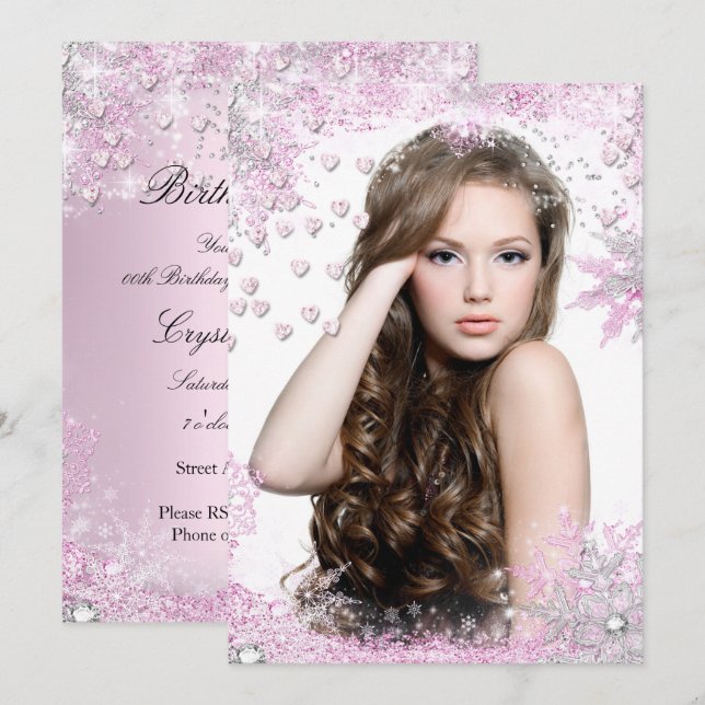 Photo Pink Sparkle Hearts Birthday Invitation (Front/Back)