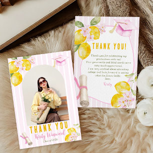 Photo Pink Stripes Lemons and Flowers Graduation Thank You Card