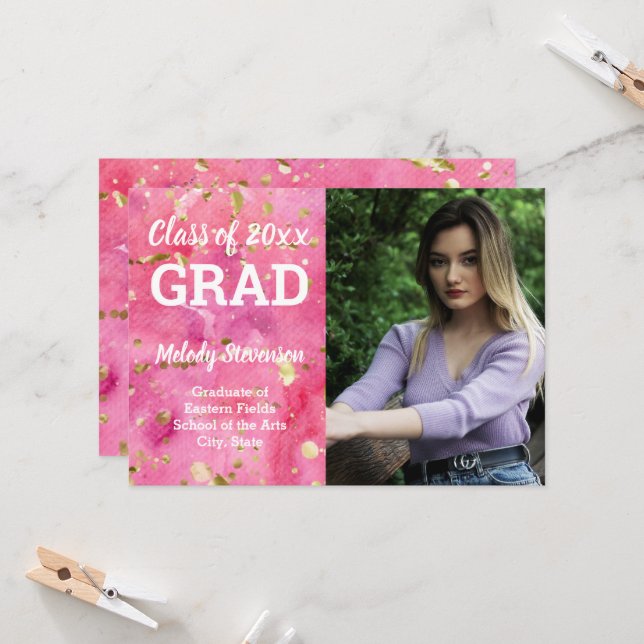 Photo Pink Watercolor Art Graduation Invitation (Front/Back In Situ)