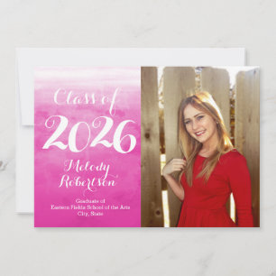 Photo Pink Watercolor Class of 2019 Graduation Invitation