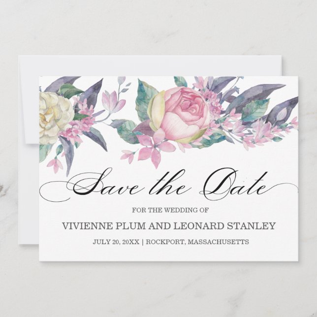 Photo Pink White Rose Floral Save the Date (Front)
