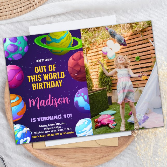 Photo Pink Yellow Outer Space Birthday Invitations (Photo Pink Yellow Outer Space Birthday Invitations)