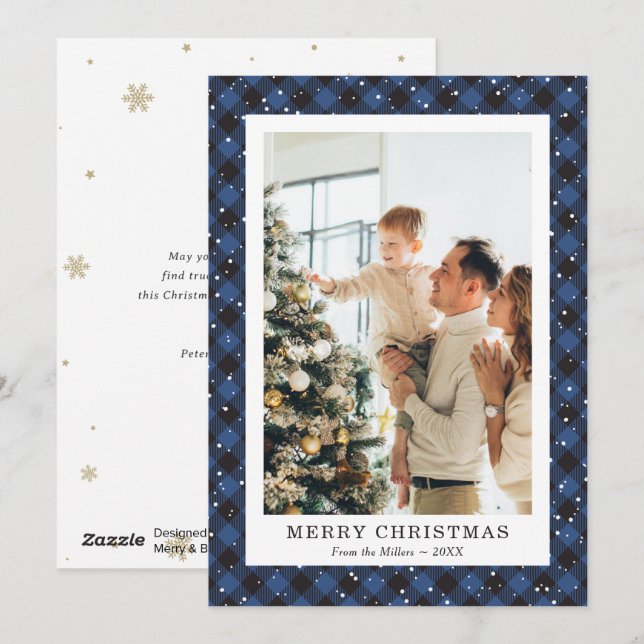 Photo Plaid Bleu Neige Joyeuse Carte de Noël (Devant / Derrière)