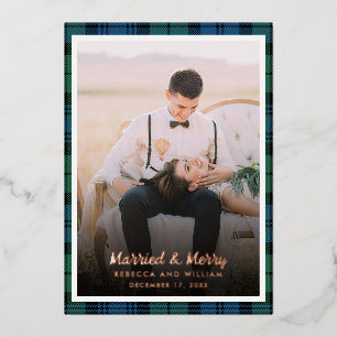 Photo Plaid Tartan Christmas Married Foil Holiday Card