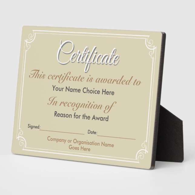 Photo Plaque d'attribution de certificat (Côté)