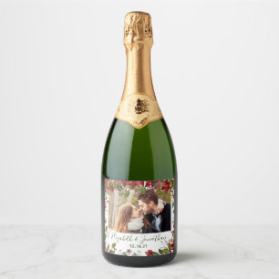 Photo Poinsettia Christmas Floral Greenery Champag Sparkling Wine Label