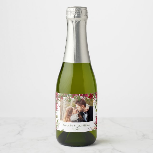 Photo Poinsettia Christmas Greenery Sparkling Wine Sparkling Wine Label (Front)