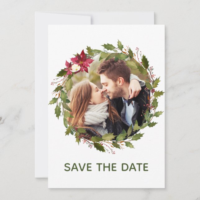 Photo Poinsettia Greenery Christmas Save The Date Invitation (Front)