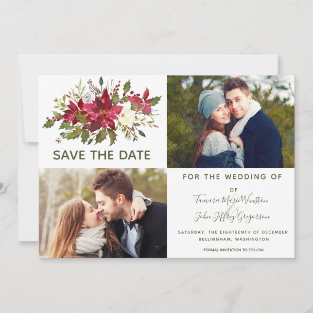 Photo Poinsettia Greenery Christmas Save The Date Invitation (Front)