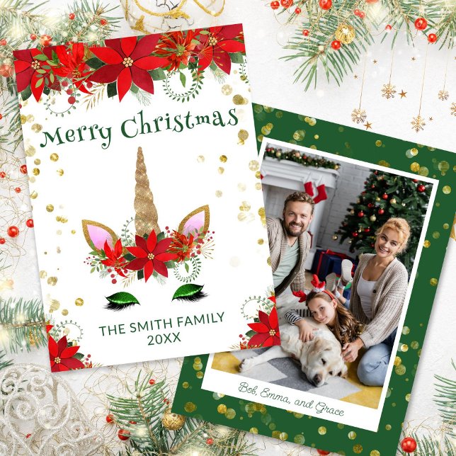 Photo Poinsettia Unicorne avec carte verte de Noël (Créateur téléchargé)