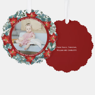 Photo Poinsettia Wreath Personalized Christmas Ornament Card