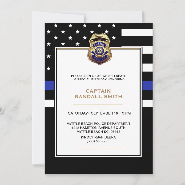Photo Police Birthday Party Blue Line Flag   Invitation (Front)