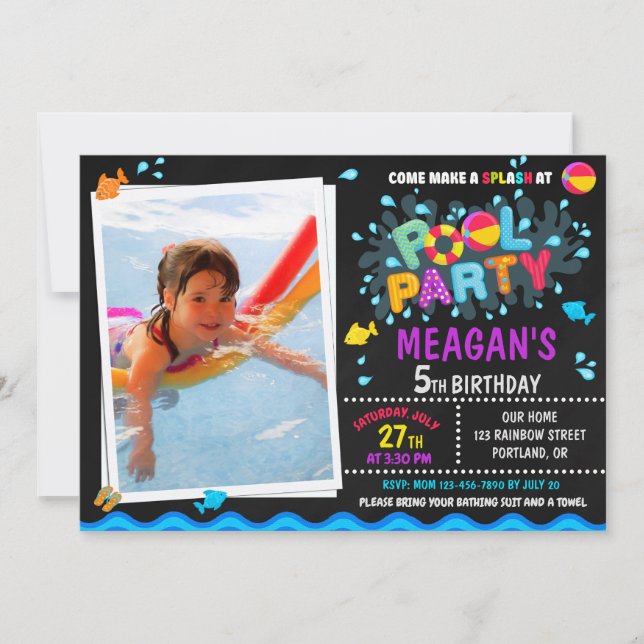 Photo Pool birthday invitation Girl pool party kid (Front)