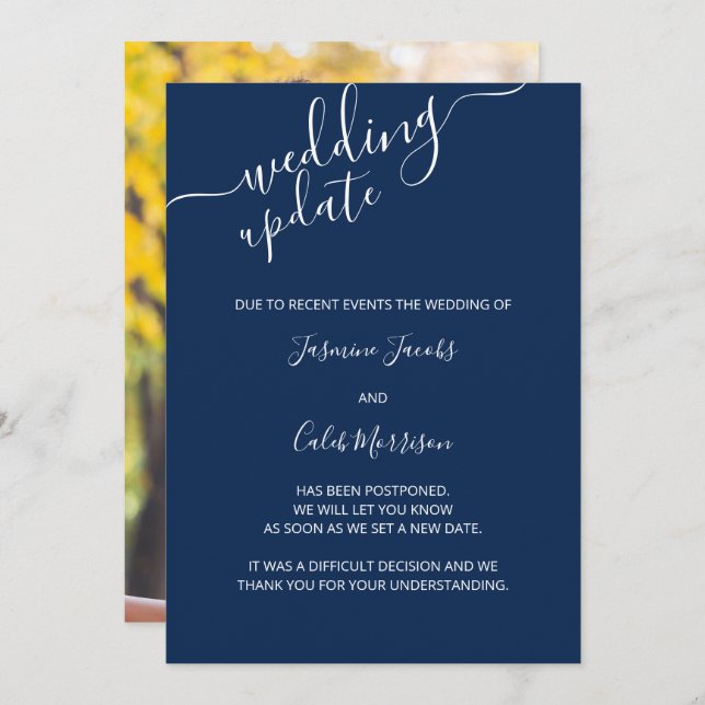 Photo Postponement Card Navy Blue Wedding Update (Front/Back)