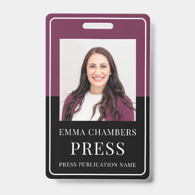 Photo Press Pass Burgundy Black ID Badge (Front)