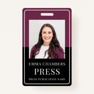 Photo Press Pass Burgundy Black ID Badge