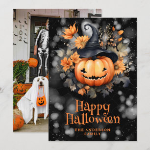 Photo Pumpkin Black Hat Happy Halloween Card