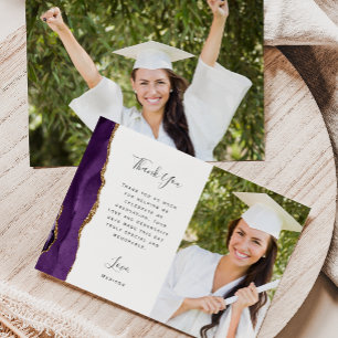 Photo Purple Agate Gold Script Graduation Thank You Card