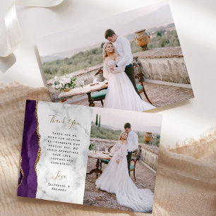 Photo Purple Agate Gold Script Marble Wedding Thank You Card