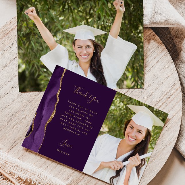 Photo Purple Agate Gold Script Plum Graduation Thank You Card (Creator Uploaded)