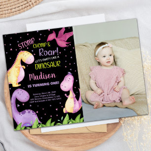Photo Purple Black Dinosaur Birthday Invitations